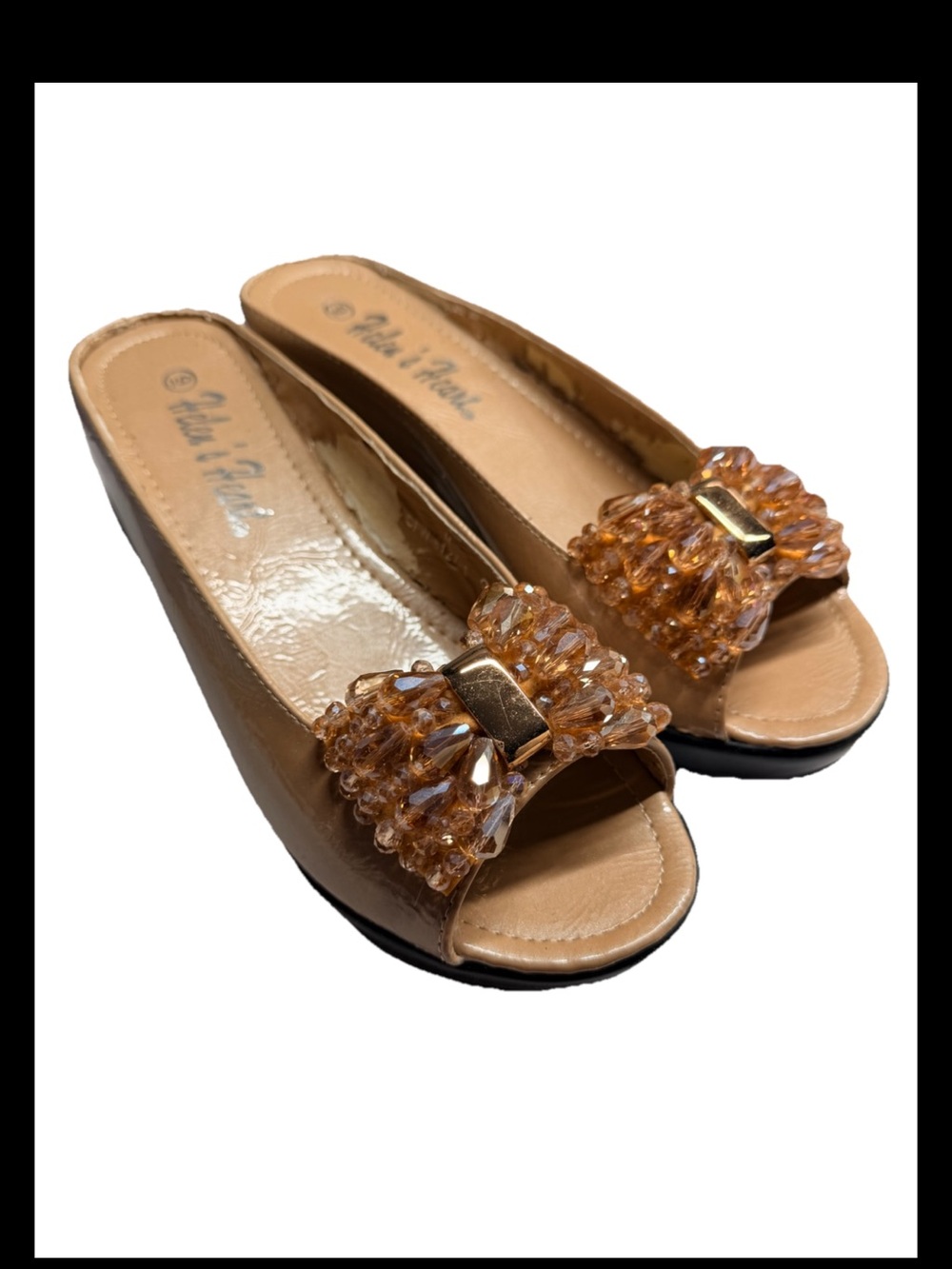 HELENS HEART Party Slide Sandals Tan with Crystal Bow Sz 9